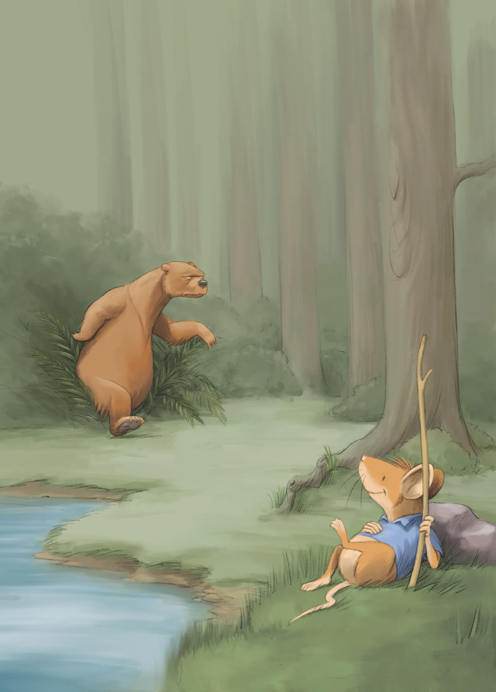 Un oso y un ratón junto al río, en el bosque