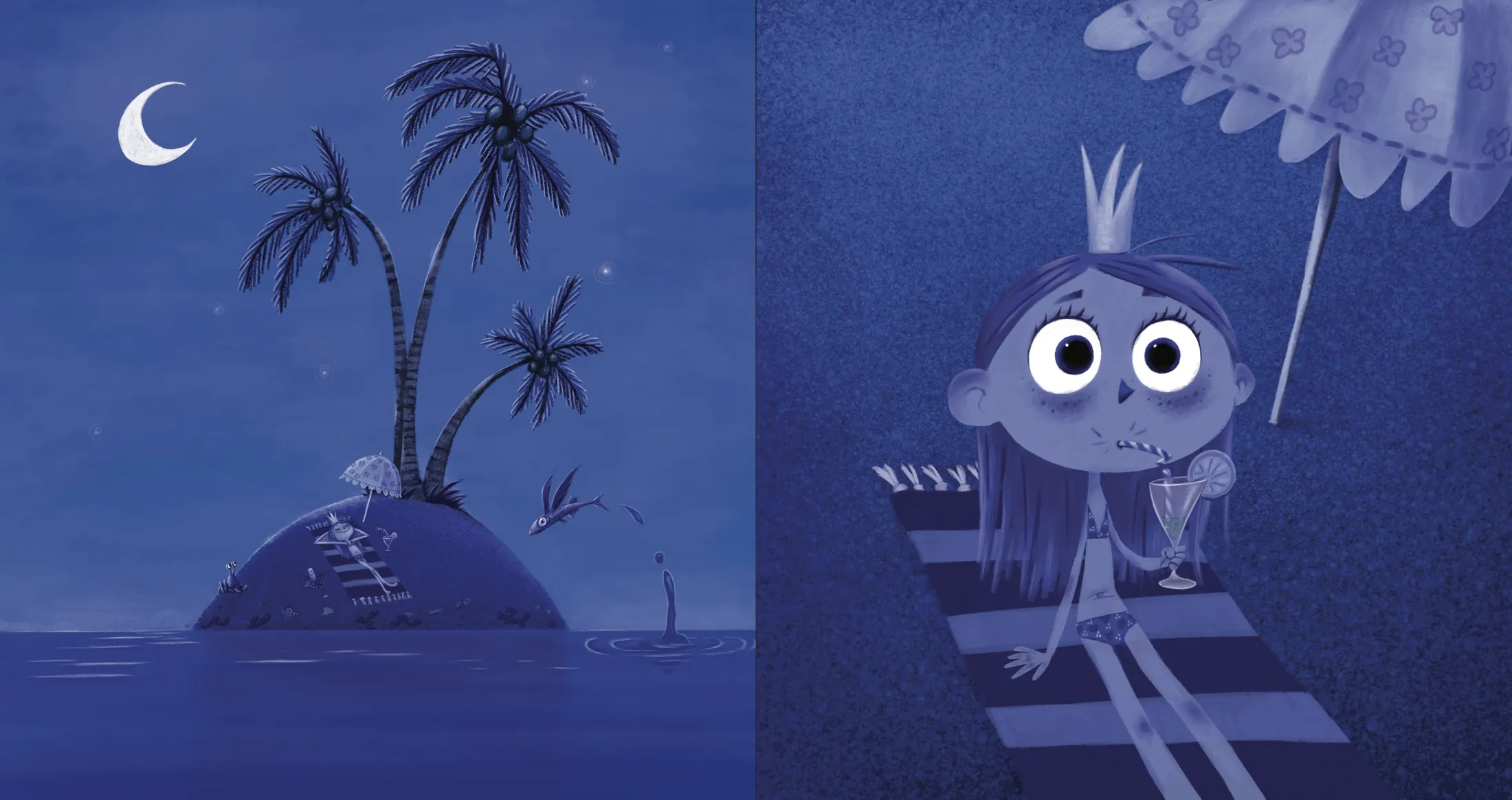 Una isla pequeña con palmeras bajo la luna