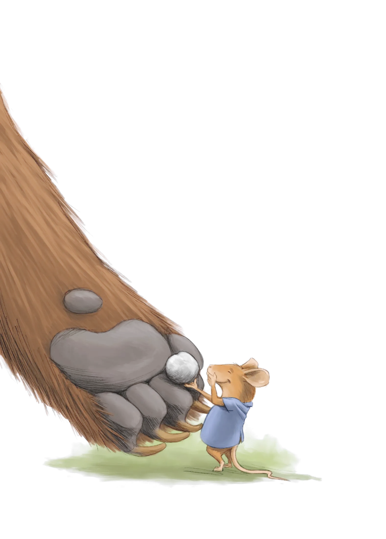 La pata enorme de un oso y un ratón pequeñito que le ofrece una piedra