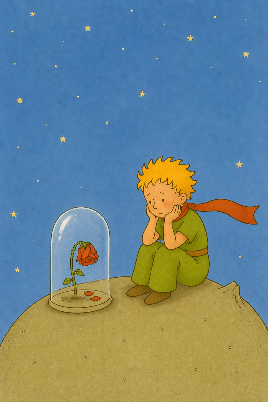 El Principito sentado junto a su rosa bajo la campana de cristal, de noche