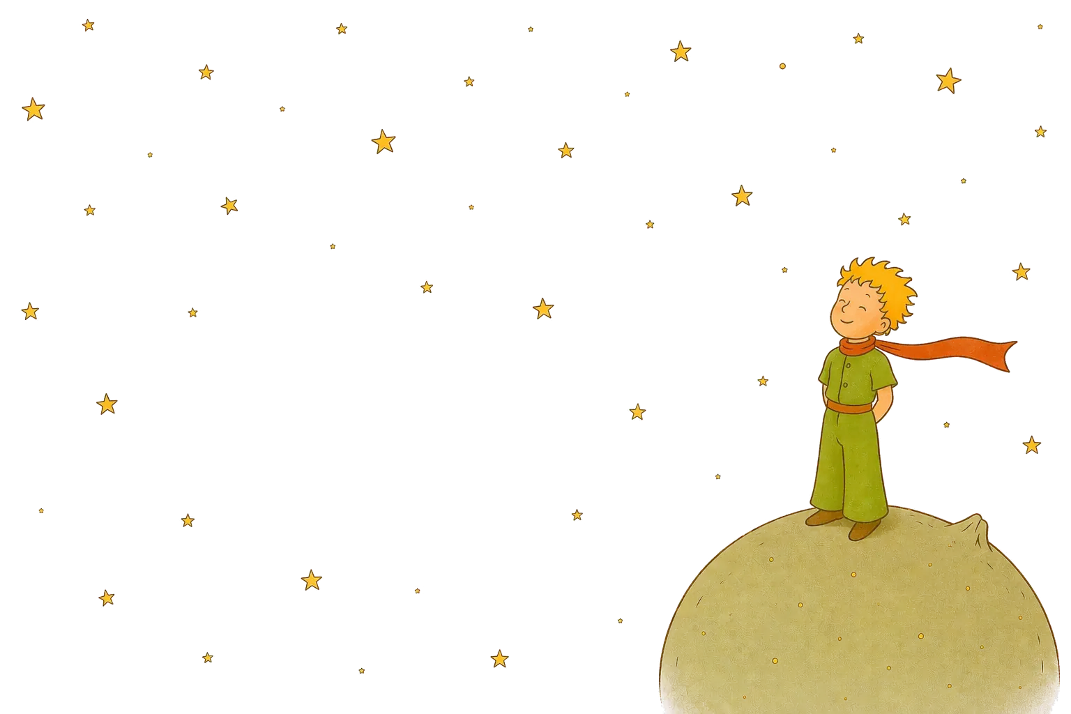 El Principito de pie sobre su planeta, entre estrellas