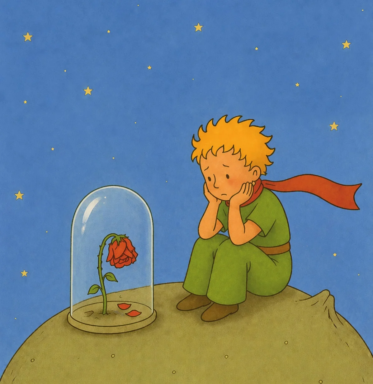El Principito, sentado en su planeta junto a la rosa bajo la campana de cristal, en una noche azul de estrellas