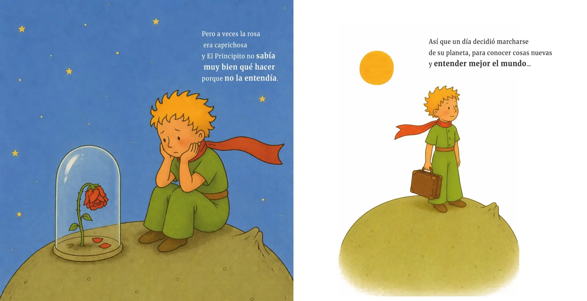 Doble página de El Principito: el Principito junto a su rosa y, al lado, con su maleta