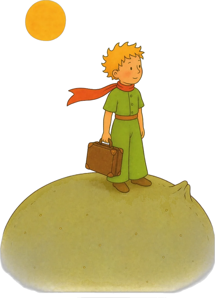 El Principito con su maleta, sobre su planeta